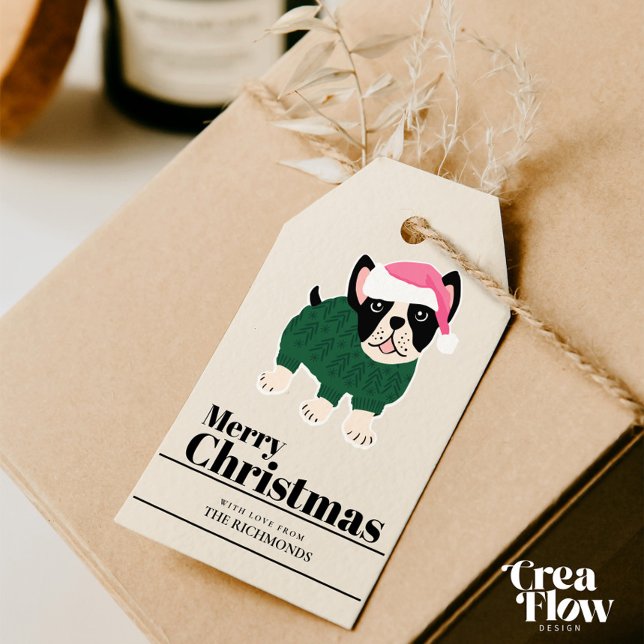 Niedliche Weihnachtsfeier Frenchie Hund personalis Geschenkanhänger (Christmas gift tag featuring cute Frenchie dog with green knitted overall. All text can be edited )