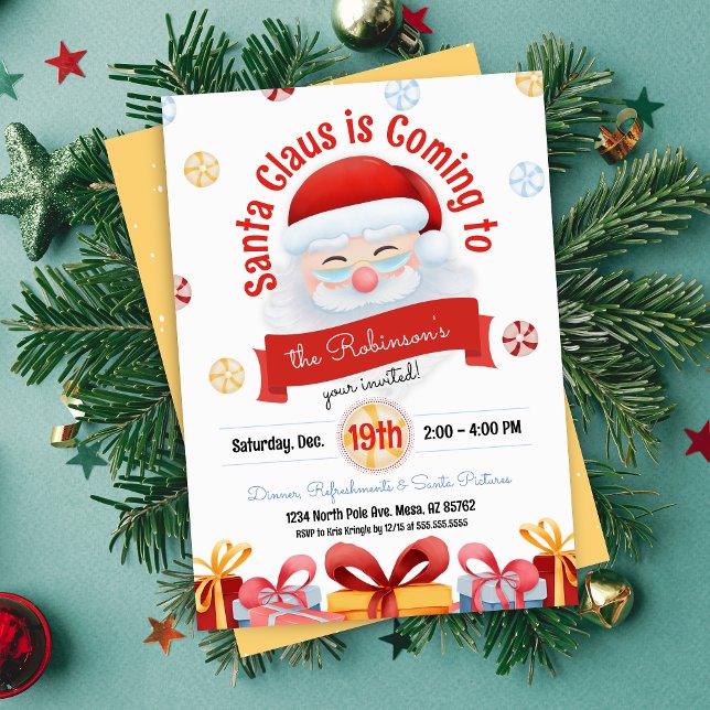 Niedliche Weihnachtsfeiertage Party Einladung (cute santa claus is coming annual christmas party invitation for kids adults holiday party invites)