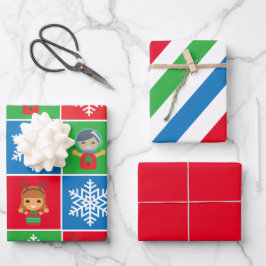 Niedliche Weihnachtsfiguren, die Papierblätter umb Geschenkpapier Set