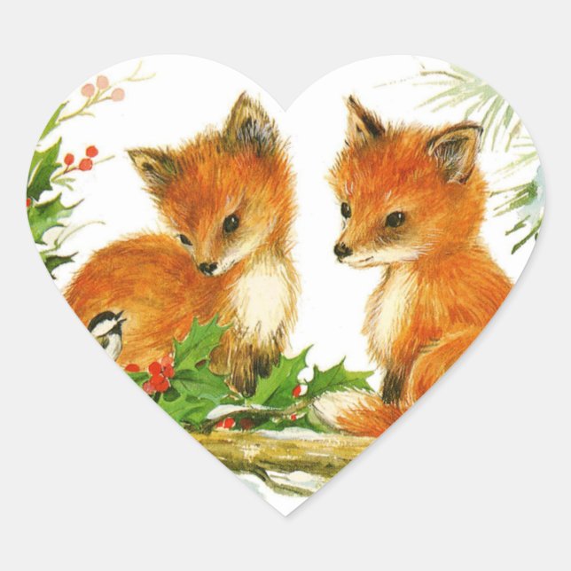 Niedliche Weihnachtsfoxen Herz-Aufkleber (Vorderseite)