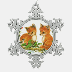 Niedliche Weihnachtsfoxen Schneeflocken Zinn-Ornament