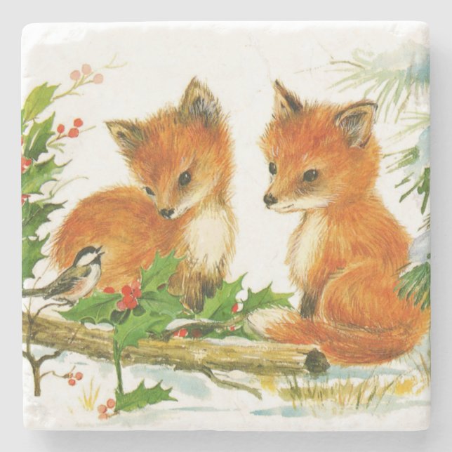 Niedliche Weihnachtsfoxen Steinuntersetzer (Vorderseite)