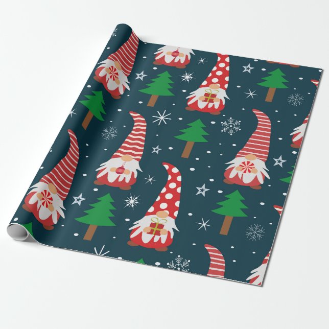 Niedliche Weihnachtsgnomen mit Bäumen und Schneefl Geschenkpapier (Ungerollt)