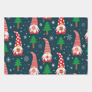 Niedliche Weihnachtsgnomen mit Bäumen und Schneefl Geschenkpapier Set