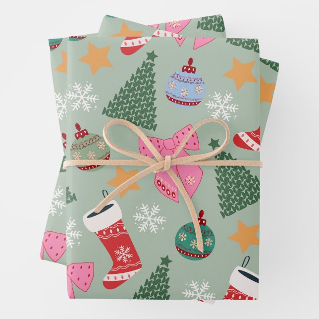 Niedliche Weihnachtsgrün Geschenkpapier Set (Beispiel)