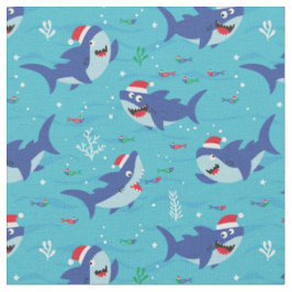 Niedliche Weihnachtshaie auf blauem Hintergrund Stoff