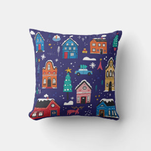 Niedliche Weihnachtshäuser mit Vintagen Illustrati Kissen