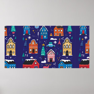 Niedliche Weihnachtshäuser mit Vintagen Illustrati Poster
