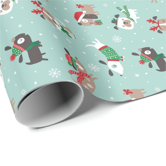 Niedliche Weihnachtshunde auf Minze Geschenkpapier (Rolleneckpunkt)