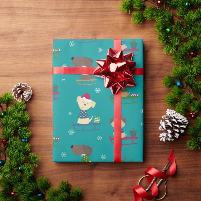 Niedliche Weihnachtshunde auf Sleds Pattern Geschenkpapier (Feiertagsgeschenk)