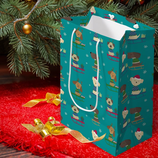 Niedliche Weihnachtshunde auf Sleds Pattern Mittlere Geschenktüte (Von Creator hochgeladen)