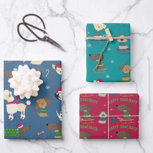 Niedliche Weihnachtshunde Cartoon Pattern Red Blue Geschenkpapier Set (Vorderseite)
