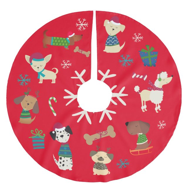 Niedliche Weihnachtshunde Schneeflocken Muster Rot Polyester Weihnachtsbaumdecke (Vorderseite)