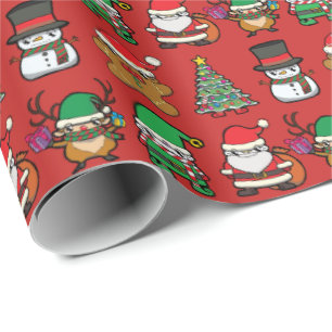 Niedliche Weihnachtskarikaturen Muster Rot Geschenkpapier