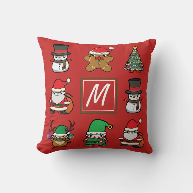 Niedliche Weihnachtskarikaturen Rotes Monogramm Kissen (Vorderseite)