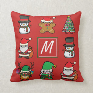 Niedliche Weihnachtskarikaturen Rotes Monogramm Kissen