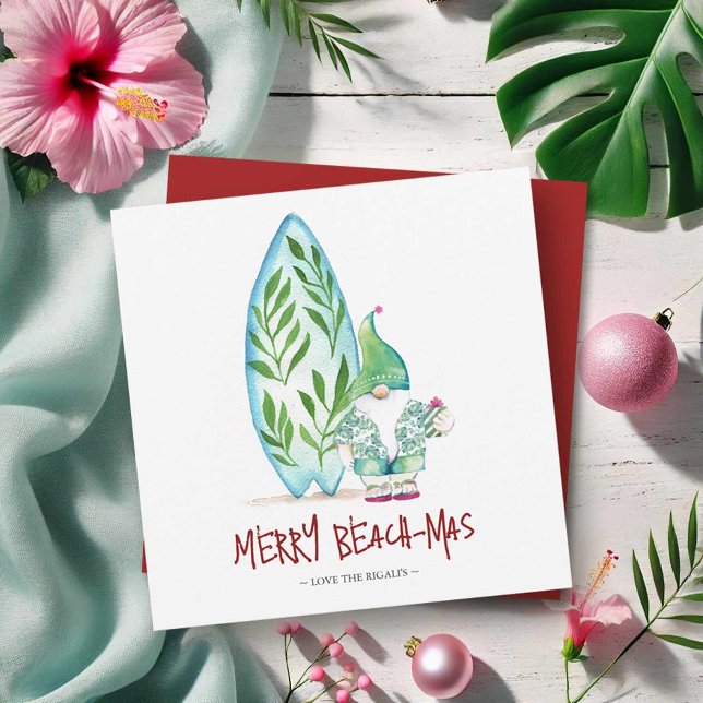 Niedliche Weihnachtskarten an der Küste Mitteilungskarte (Cute Florida Christmas cards watercolor surfboard and beach Santa art by Victoria Grigaliunas )