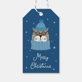 Niedliche Weihnachtskatze in Cosy Blue Stricks Geschenkanhänger