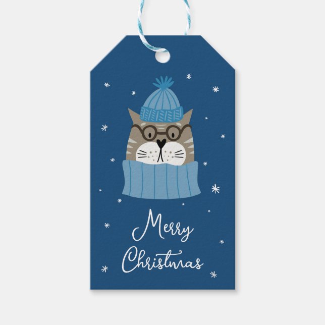 Niedliche Weihnachtskatze in Cosy Blue Stricks Geschenkanhänger (Vorderseite)