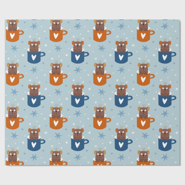 Niedliche Weihnachtskatze in einer Tasse Blaue Sch Geschenkpapier (Flach)