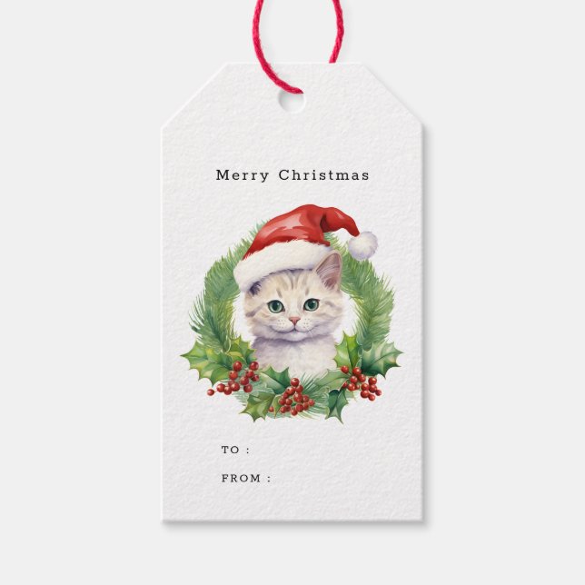 Niedliche Weihnachtskatze in einer Weihnachtsmannm Geschenkanhänger (Vorderseite)