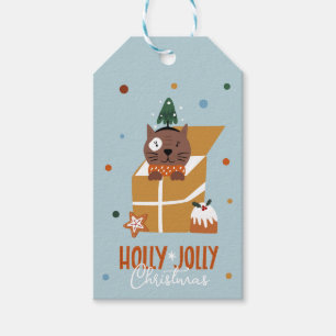 Niedliche Weihnachtskatze in Geschenkboxen Blau Geschenkanhänger