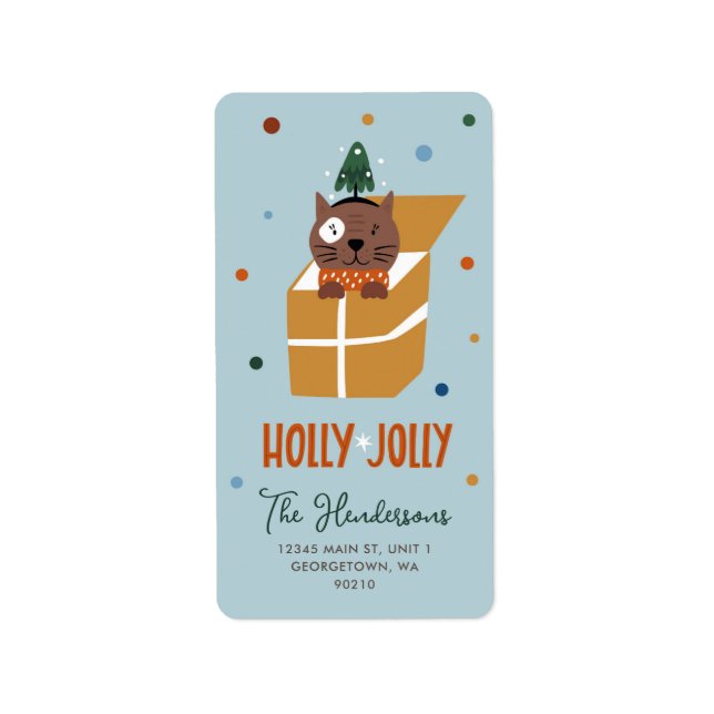 Niedliche Weihnachtskatze in Geschenkboxen Blue Ve Adressaufkleber (Vorne)