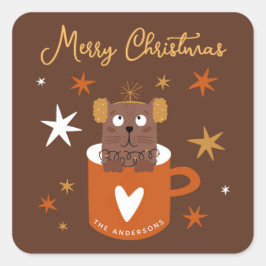 Niedliche Weihnachtskatze in Tasse Stars Gold Brow Quadratischer Aufkleber