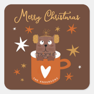 Niedliche Weihnachtskatze in Tasse Stars Gold Brow Quadratischer Aufkleber