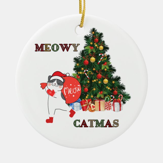Niedliche Weihnachtskatze Meowy Catmas Keramik Ornament (Vorne)
