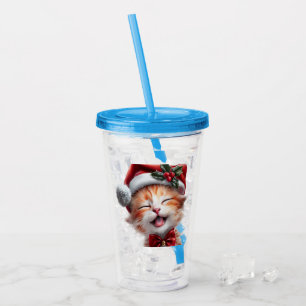 Niedliche Weihnachtskatze mit Weihnachtsmannmütze  Acryltrinkbecher