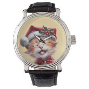 Niedliche Weihnachtskatze mit Weihnachtsmannmütze  Armbanduhr
