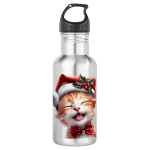 Niedliche Weihnachtskatze mit Weihnachtsmannmütze  Edelstahlflasche