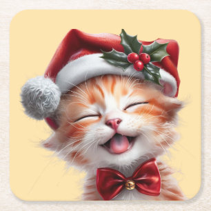 Niedliche Weihnachtskatze mit Weihnachtsmannmütze  Rechteckiger Pappuntersetzer