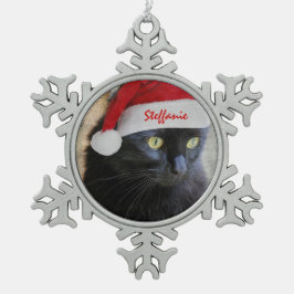 Niedliche Weihnachtskatze mit Weihnachtsmannmütze, Schneeflocken Zinn-Ornament