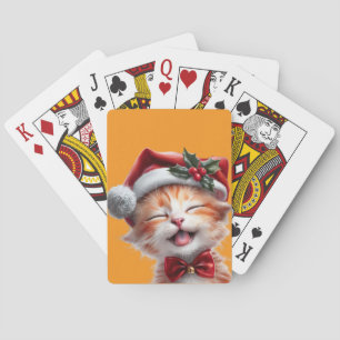 Niedliche Weihnachtskatze mit Weihnachtsmannmütze Spielkarten