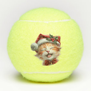 Niedliche Weihnachtskatze mit Weihnachtsmannmütze  Tennisbälle