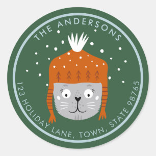 Niedliche Weihnachtskatze Orange Hat Green individ Runder Aufkleber
