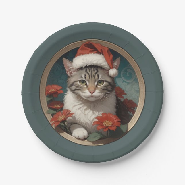 niedliche Weihnachtskatze Pappteller (Vorderseite)