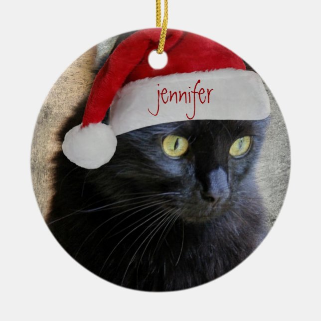 Niedliche Weihnachtskatze, Rotrückseite, Keramik Ornament (Vorne)