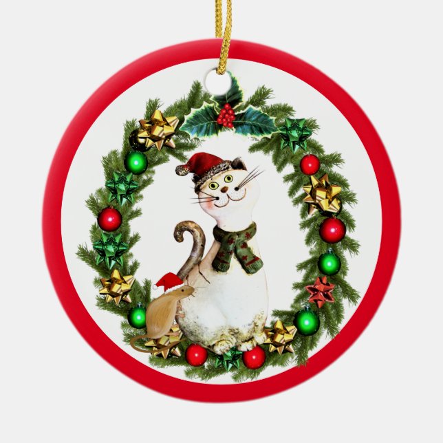 Niedliche Weihnachtskatze und -Maus Keramik Ornament (Vorne)