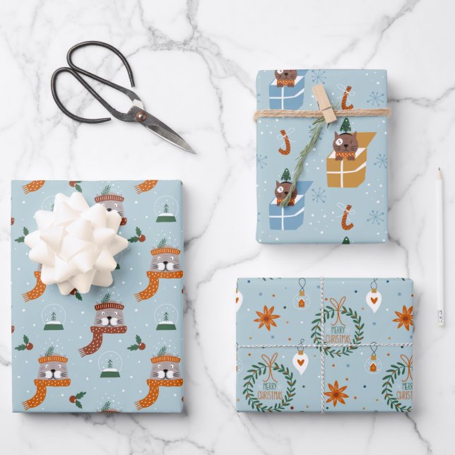 Niedliche Weihnachtskatzen im Winter Strick Light  Geschenkpapier Set (Vorderseite)