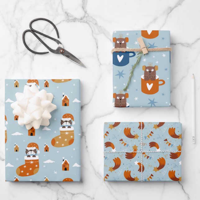 Niedliche Weihnachtskatzen im Winter Strick Light  Geschenkpapier Set (Vorderseite)