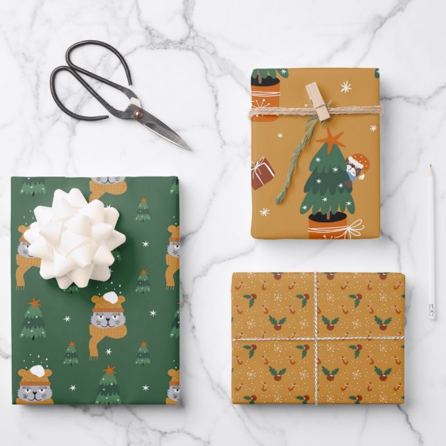 Niedliche Weihnachtskatzen im Winter Stricks Grün  Geschenkpapier Set (Vorderseite)