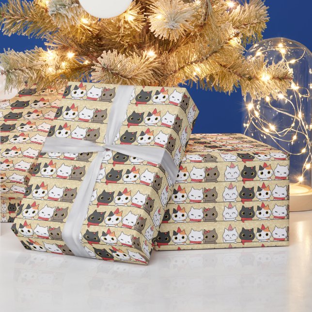Niedliche Weihnachtskatzen vor Meowy Weihnachten Geschenkpapier (Feiertage)
