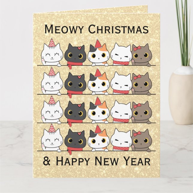Niedliche Weihnachtskatzen vor Meowy Weihnachten Karte (Vorderseite)