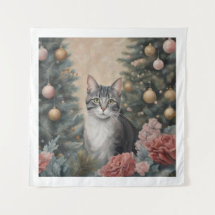 Niedliche Weihnachtskatzenjammer Blume und Bäume Wandteppich