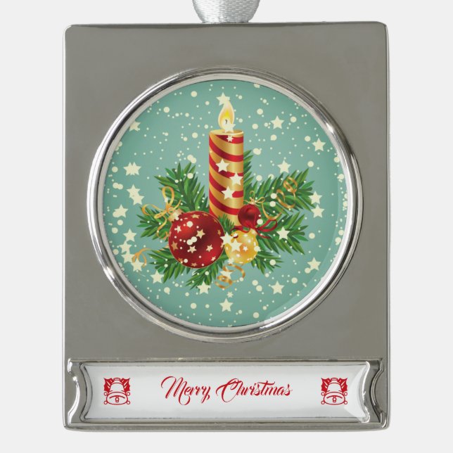 Niedliche Weihnachtskerzen und Glitzern Banner-Ornament Silber (Vorderseite)