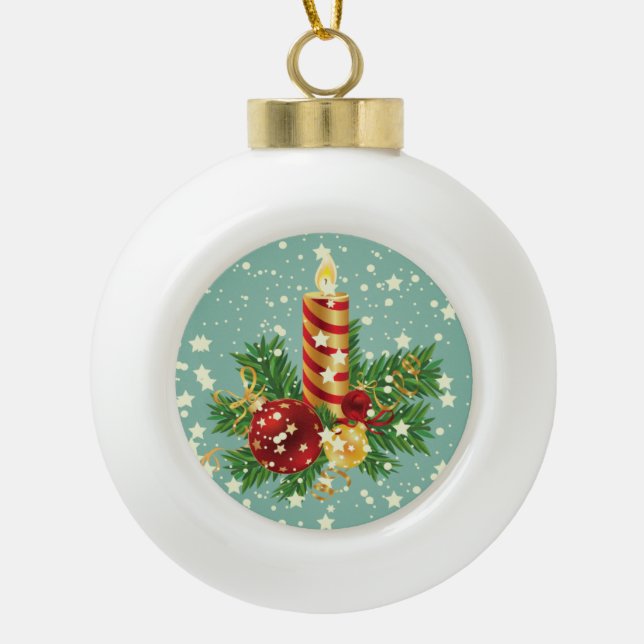 Niedliche Weihnachtskerzen und Glitzern Keramik Kugel-Ornament (Vorderseite)
