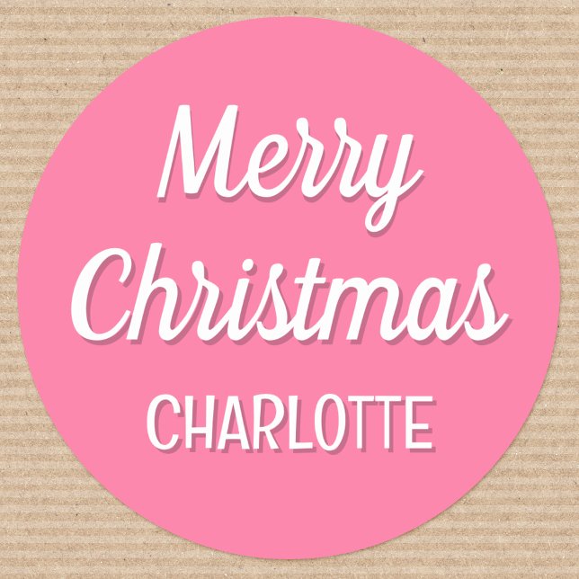Niedliche Weihnachtskids Name Typografie Pink Runder Aufkleber (Von Creator hochgeladen)